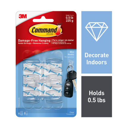 3M Command Hooks, Mini Wire, Clear – ½ lb 3 per Pack